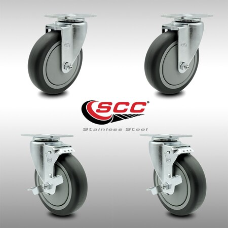 Stainless Steel Thermoplastic Rubber Swivel Top Plate Caster Set of 4-5" x 1.25" Gray Wheels - Includes 2 Swivel with Top Locking Brakes & 2 Swivel - 1,200 lbs Total Capacity - Service Caster Brand